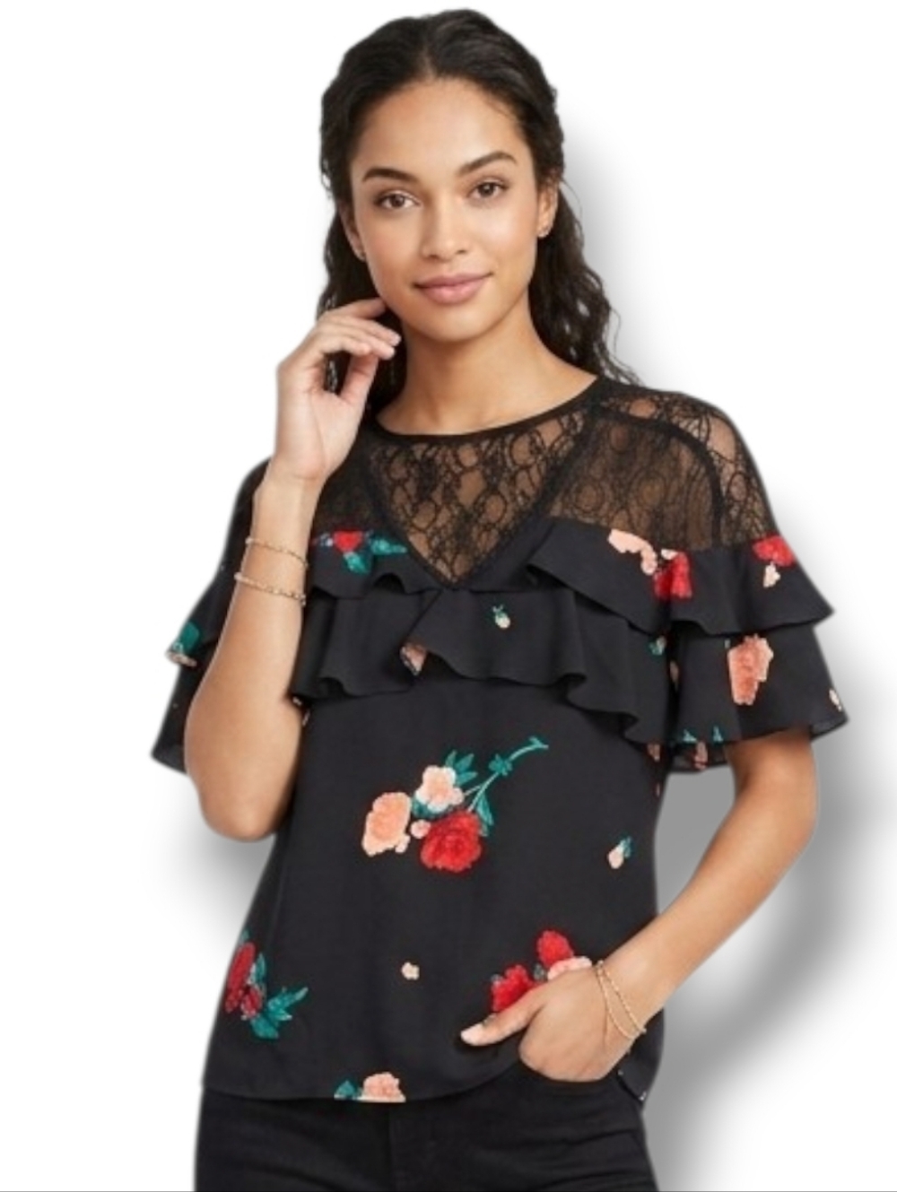 Candie’s Women’s Black Floral Ruffle Lace Blouse – Size Small, Short Sleeve
